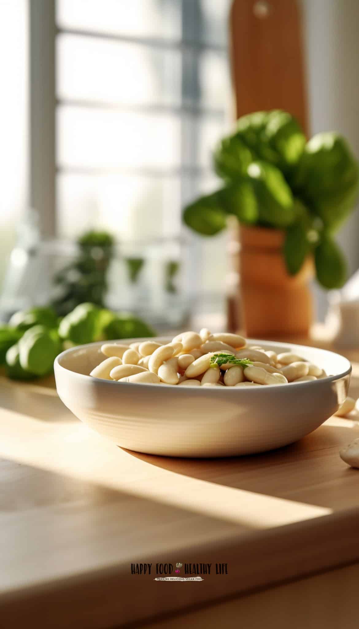 butter beans in a white bowl on a butcher block counter with blurred windows and greenery in the background