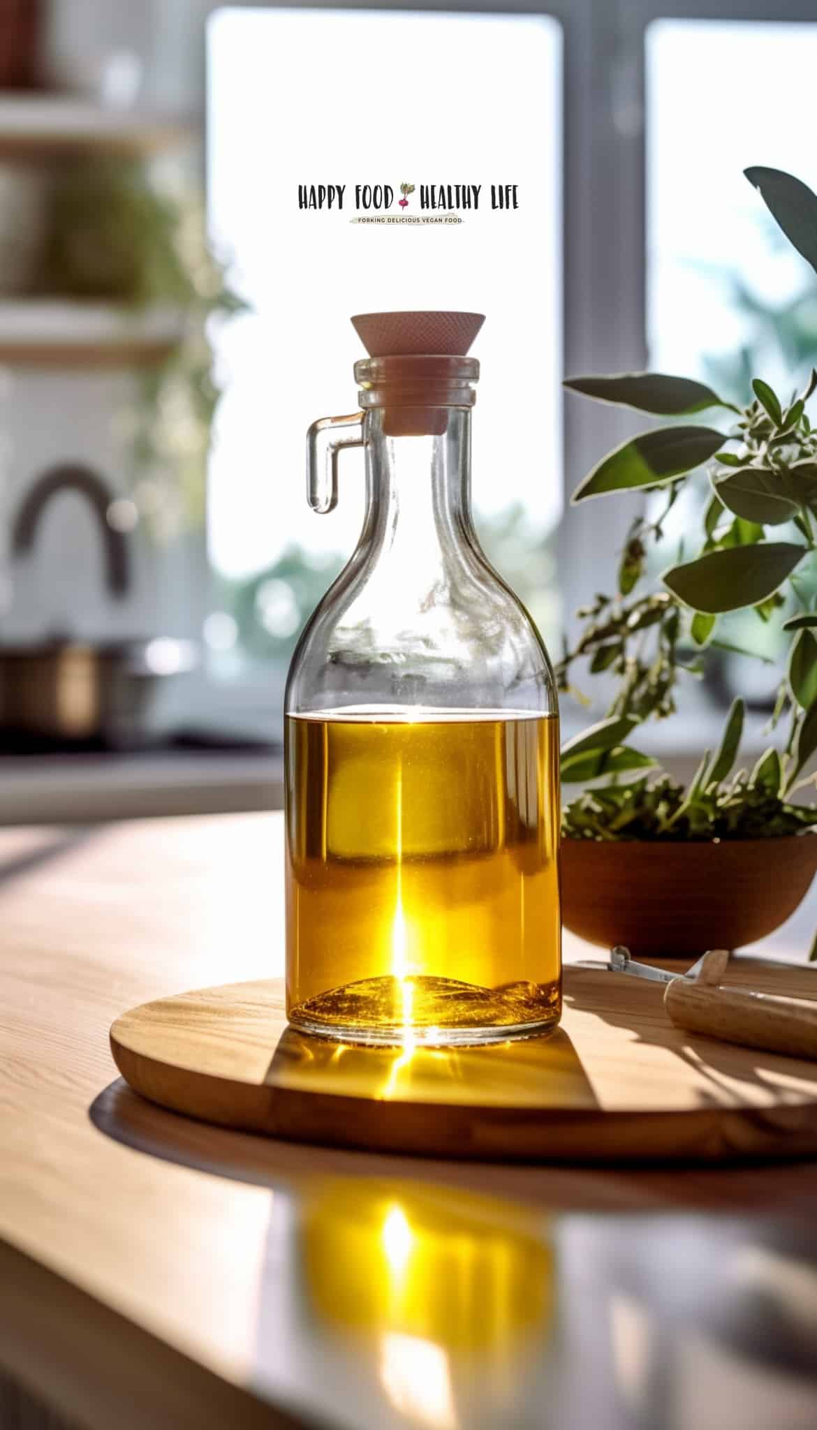 tall bottle of grapeseed oil sitting on a wooden coaster in a kitchen with a blurred back ground of greenery and a window