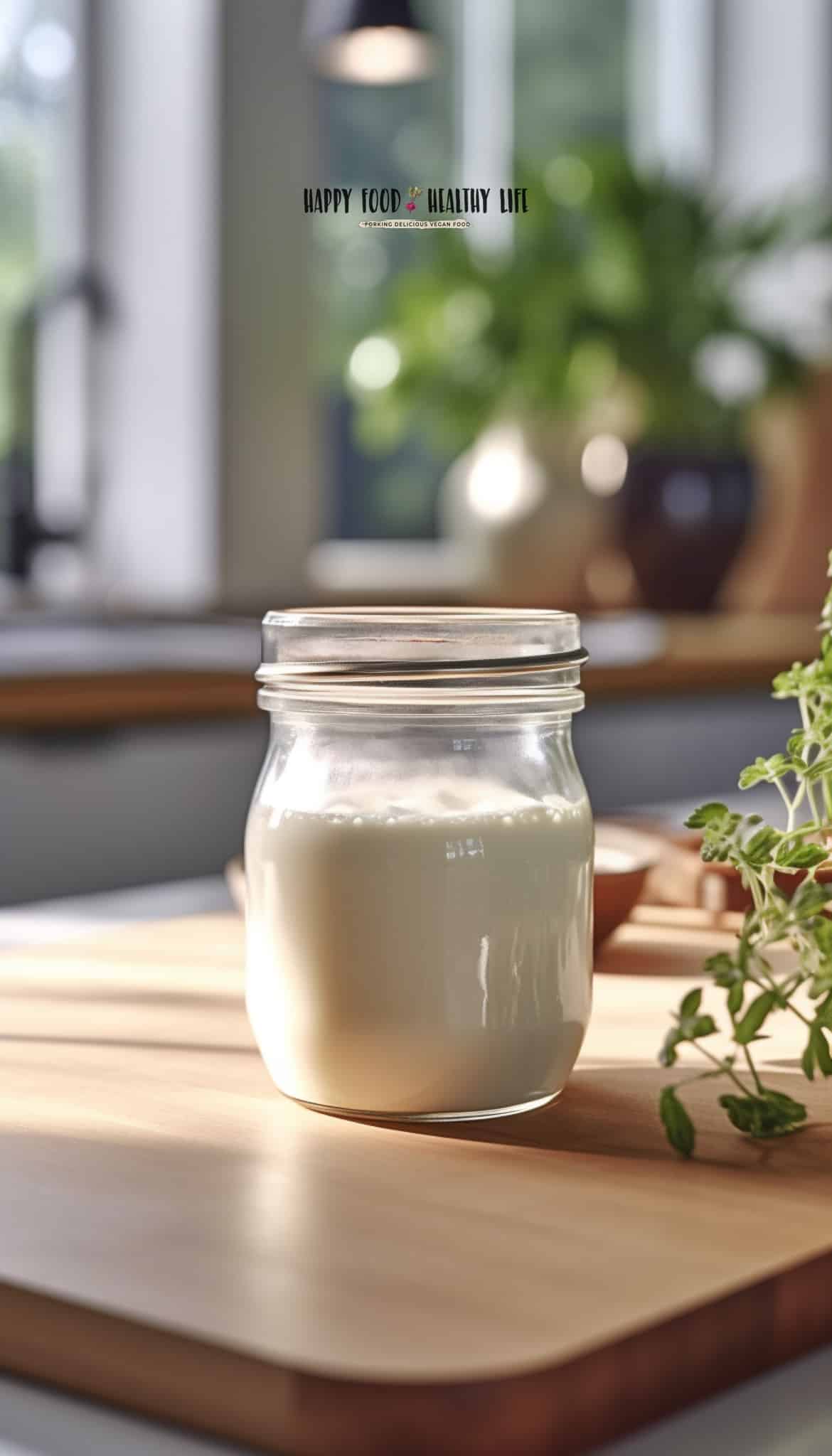 white thick liquid in glass jar on a butcher block counter with blurred greens and window in background