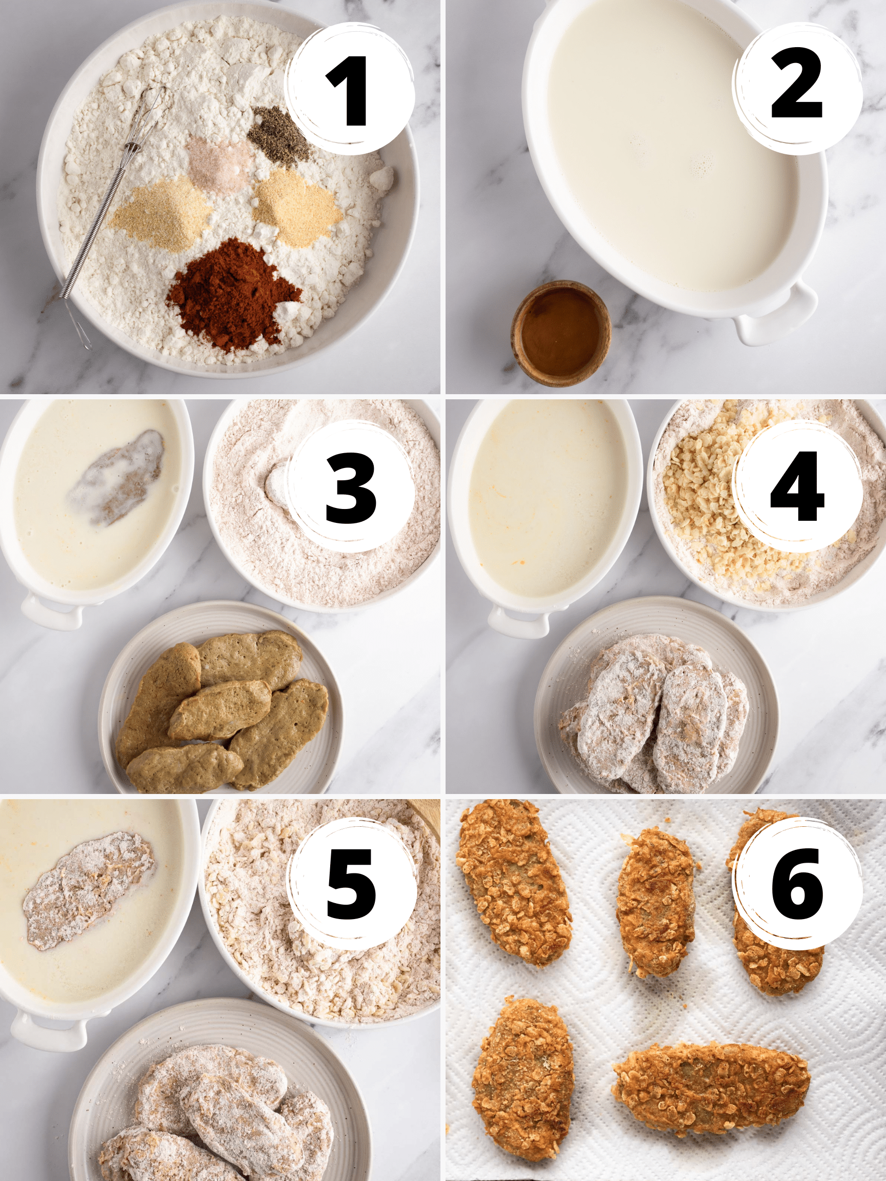 Collage of photos showing the steps to make vegan fried chicken.