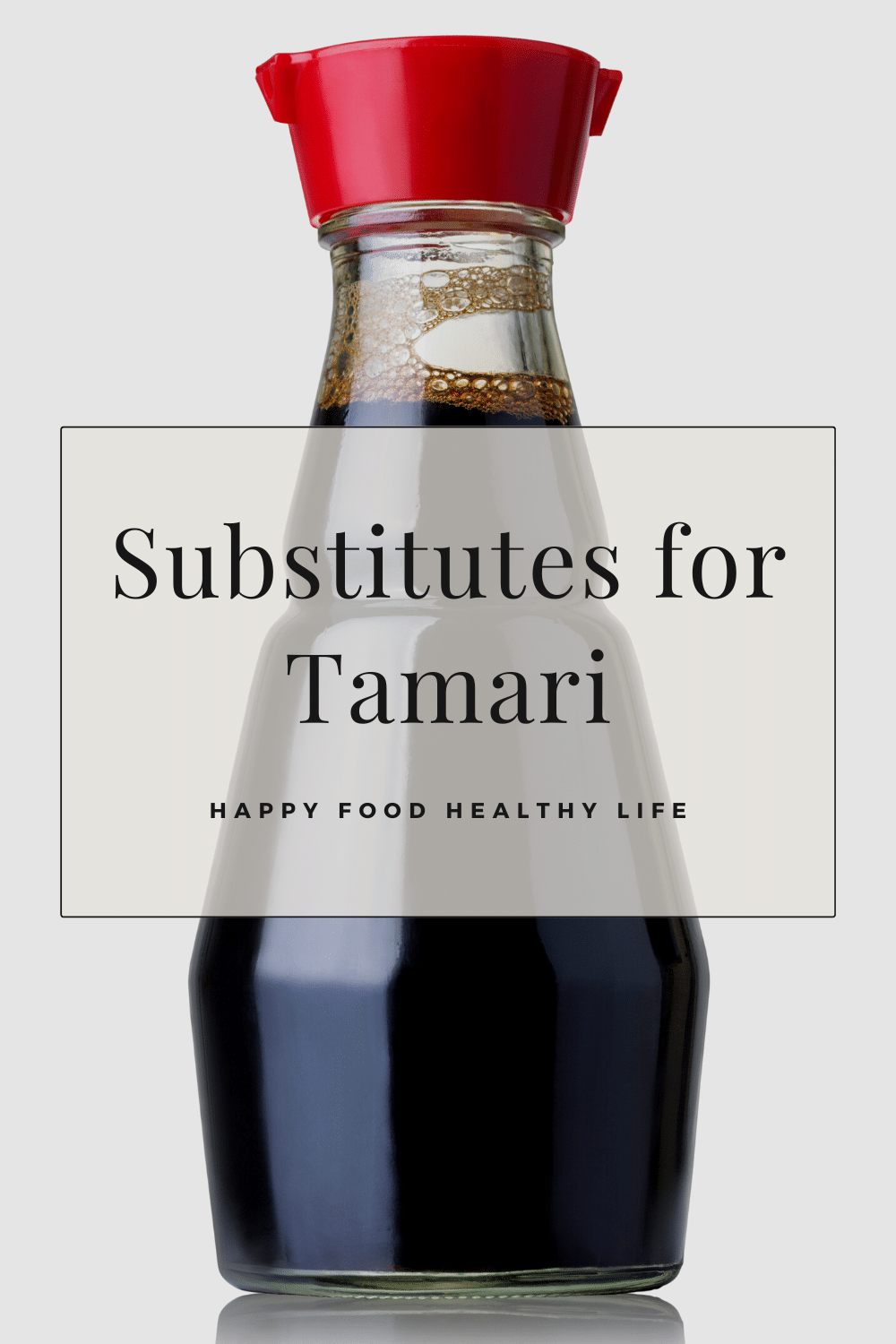 white box with black font text overlay saying: substitutions for tamari with a jar of brown liquid behind it