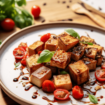 off white ceramic plate on a wood cutting board on top of a white counter, in the plate is fried tofu cubes and roasted looking red little cherry tomatoes with green basil and some brown liquid which is balsamic there are some extra basil and tomatoes on the side