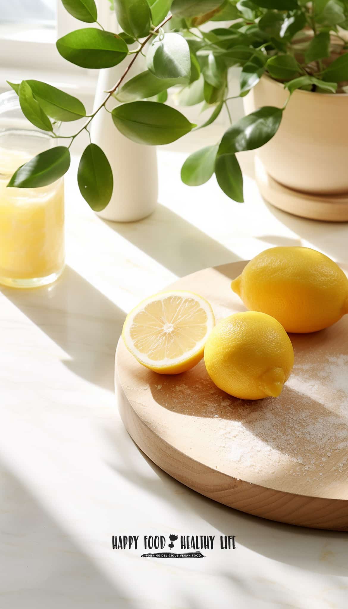 two whole and 1 cut lemon on a cutting board on a white counter top