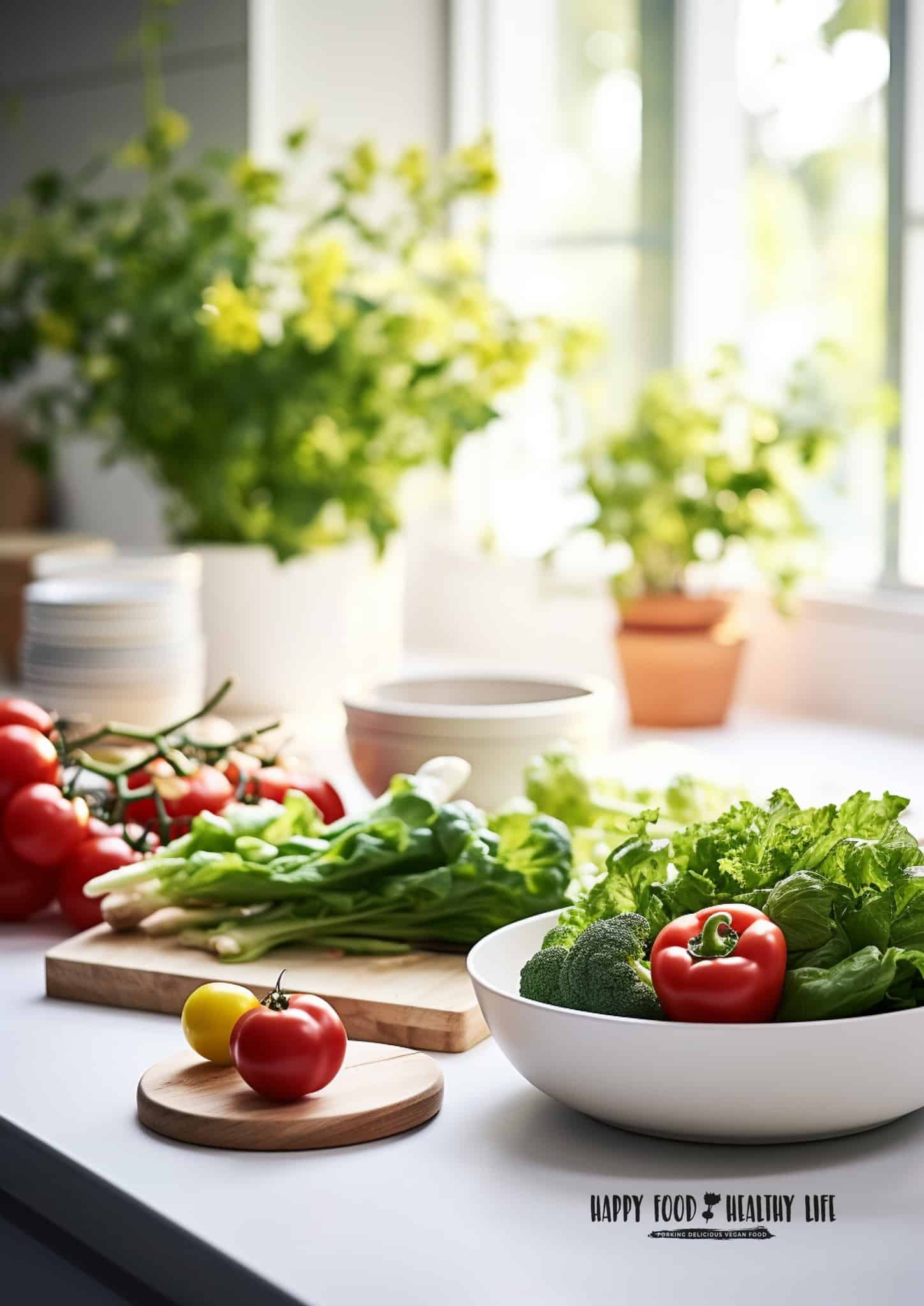 A kitchen counter that is light in color in front of a open window with lots of light coming in. The window sill has lots of plants but they are blurred in the photo. The counter is full of colorful fruits and vegetables such as broccoli, bell peppers, button mushrooms, lettuce, tomatoes, raspberries
