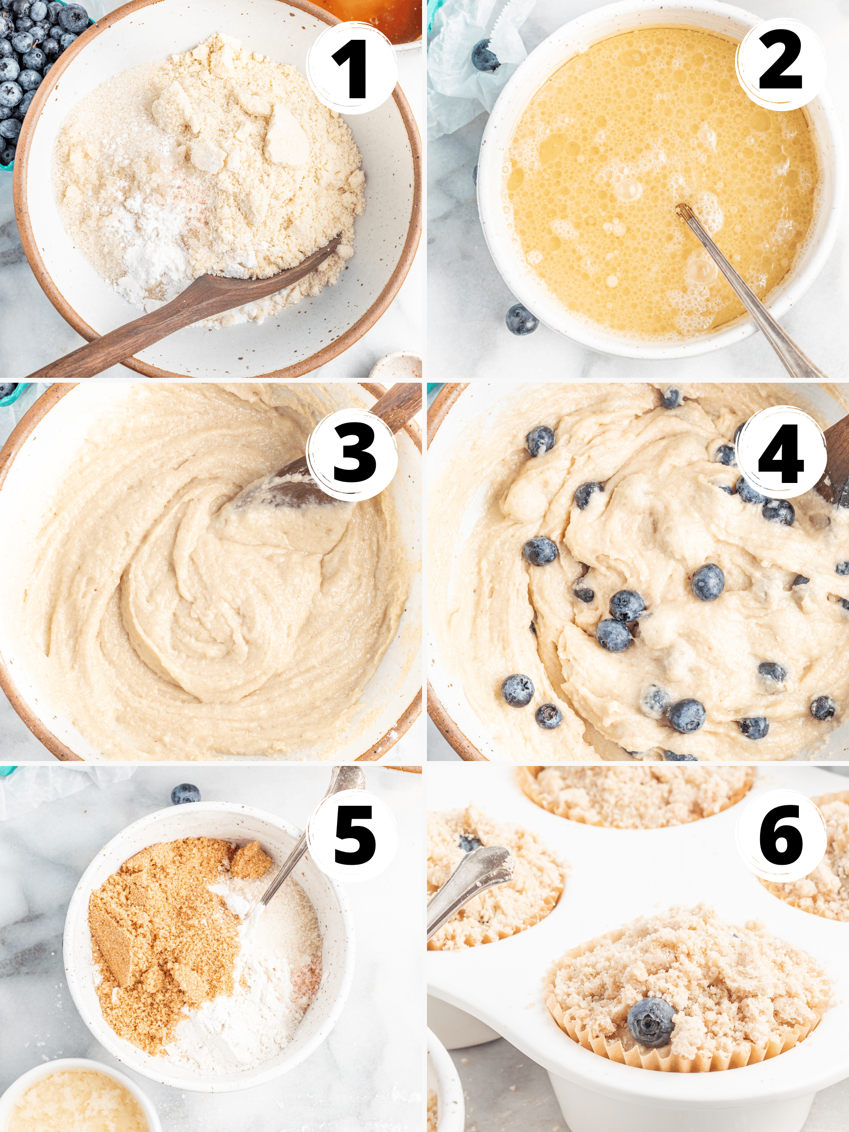 Collage photo of 6 steps to make vegan blueberry muffins. The recipes at the bottom of the page will give you the full set of instructions. 