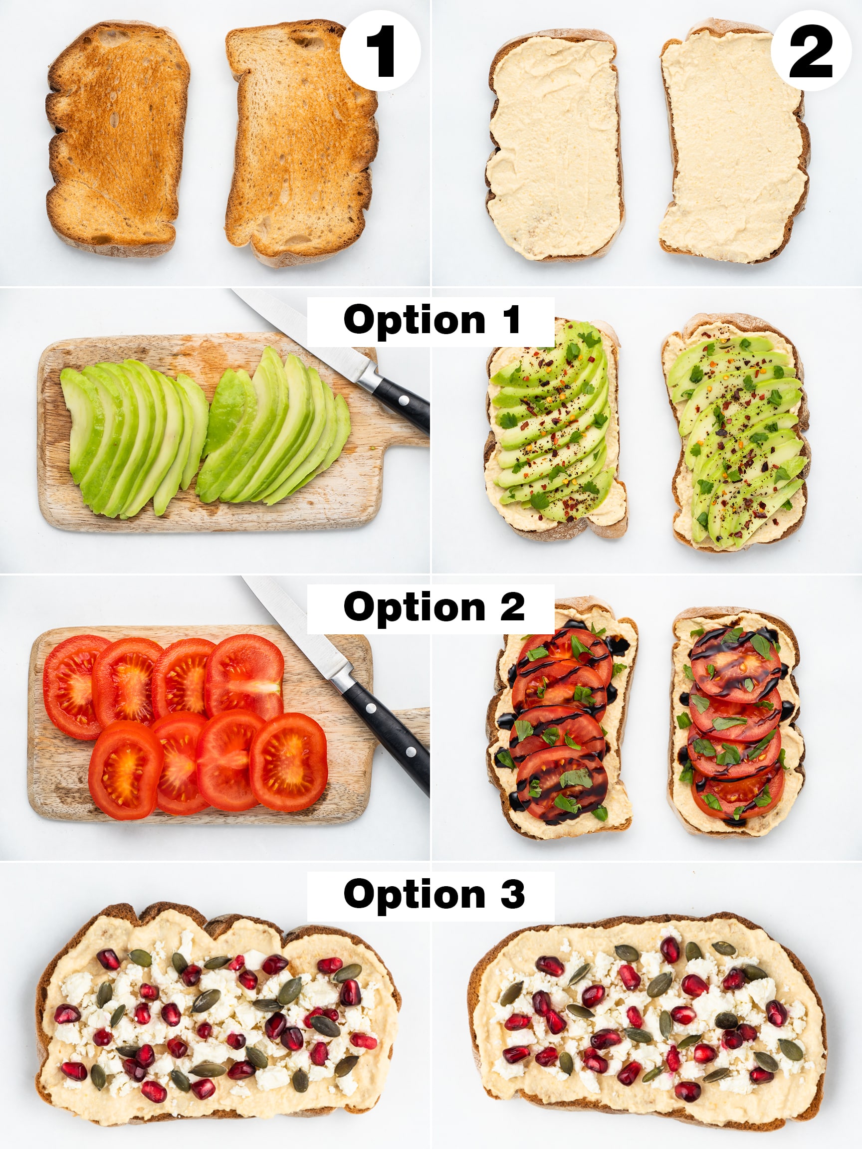 Collage of photos showing how to make Hummus Toast, along with pictures of all three options. 