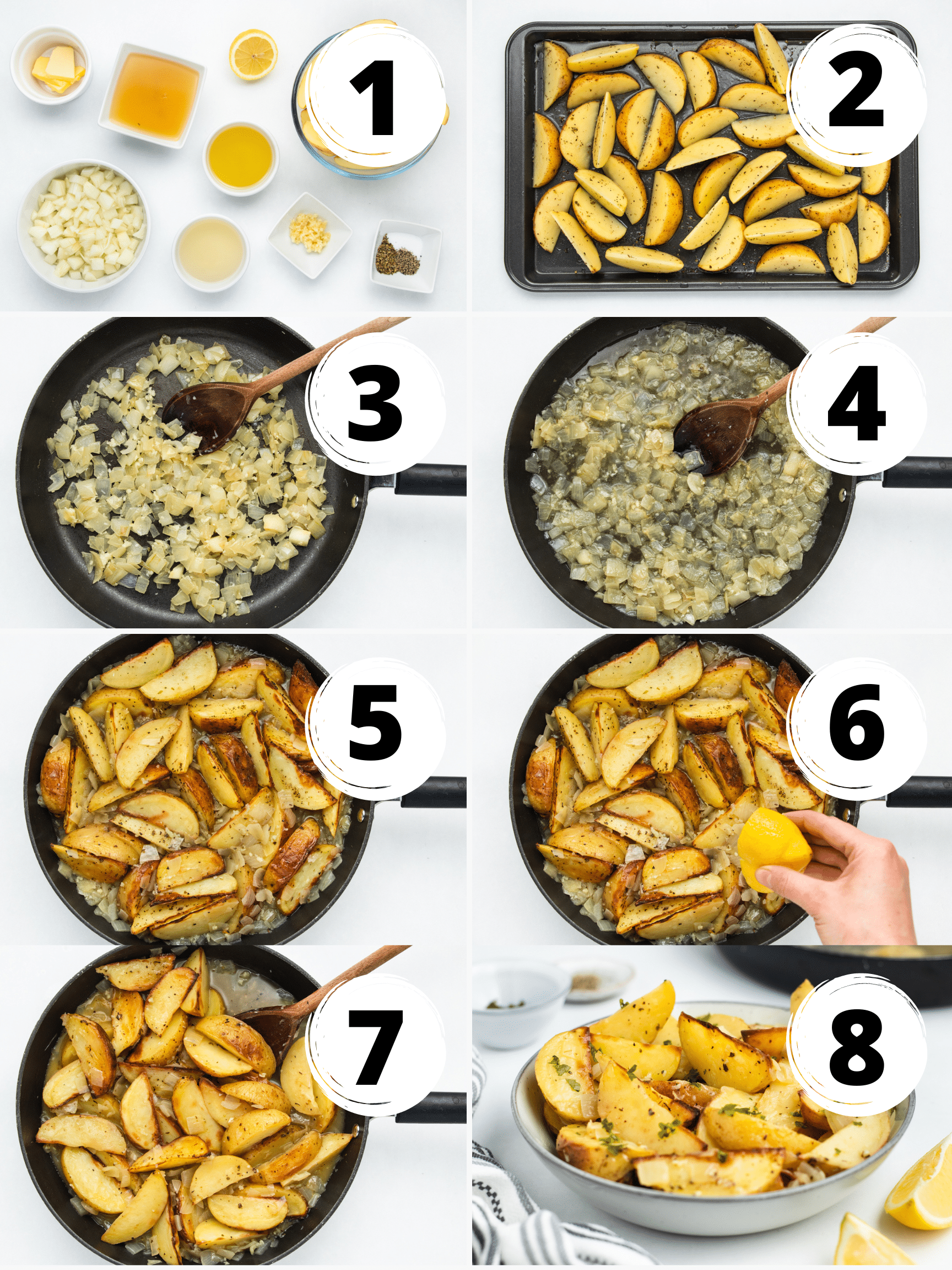 Collage of photos showing the 8 steps to make vesuivo potatoes. This shows from the first step of gathering the ingredients, all the way to the finished product. For a full list of ingredients and instructions refer to the recipe down below. 
