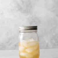 Photo of a mason jar with a lid. It's filled with ice and the ingredients to make Water Moccasin Shots, ready to shake.