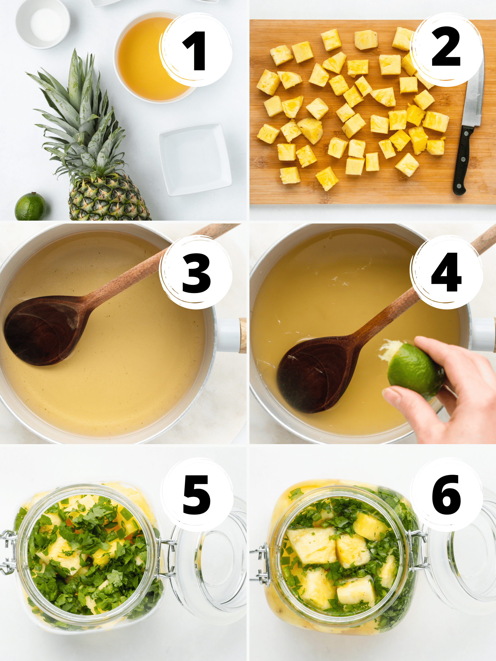 Collage of photos of the steps to make pickled pineapples. 