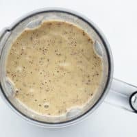 Top view photo of a blender with the Hazelnut Soup mixture i the blender. It has been pureed until smooth.