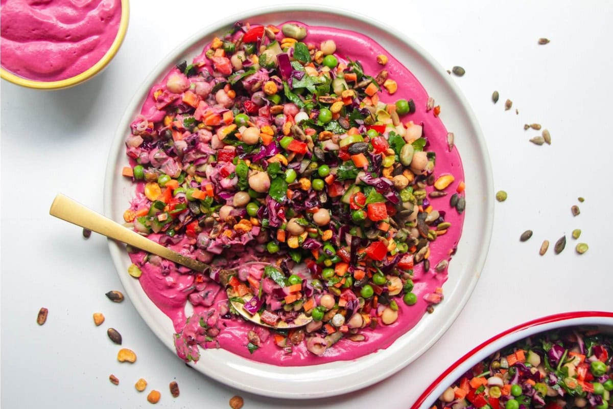 RAINBOW CHOPPED SALAD WITH PINK BEET TAHINI BY DISHED BY KATE