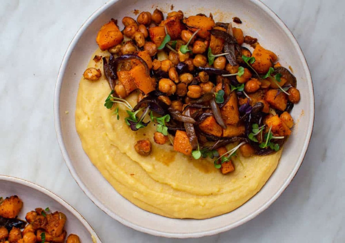 CREAMY POLENTA WITH BUTTERNUT SQUASH AND CHICKPEAS BY SUNGLOW KITCHEN.