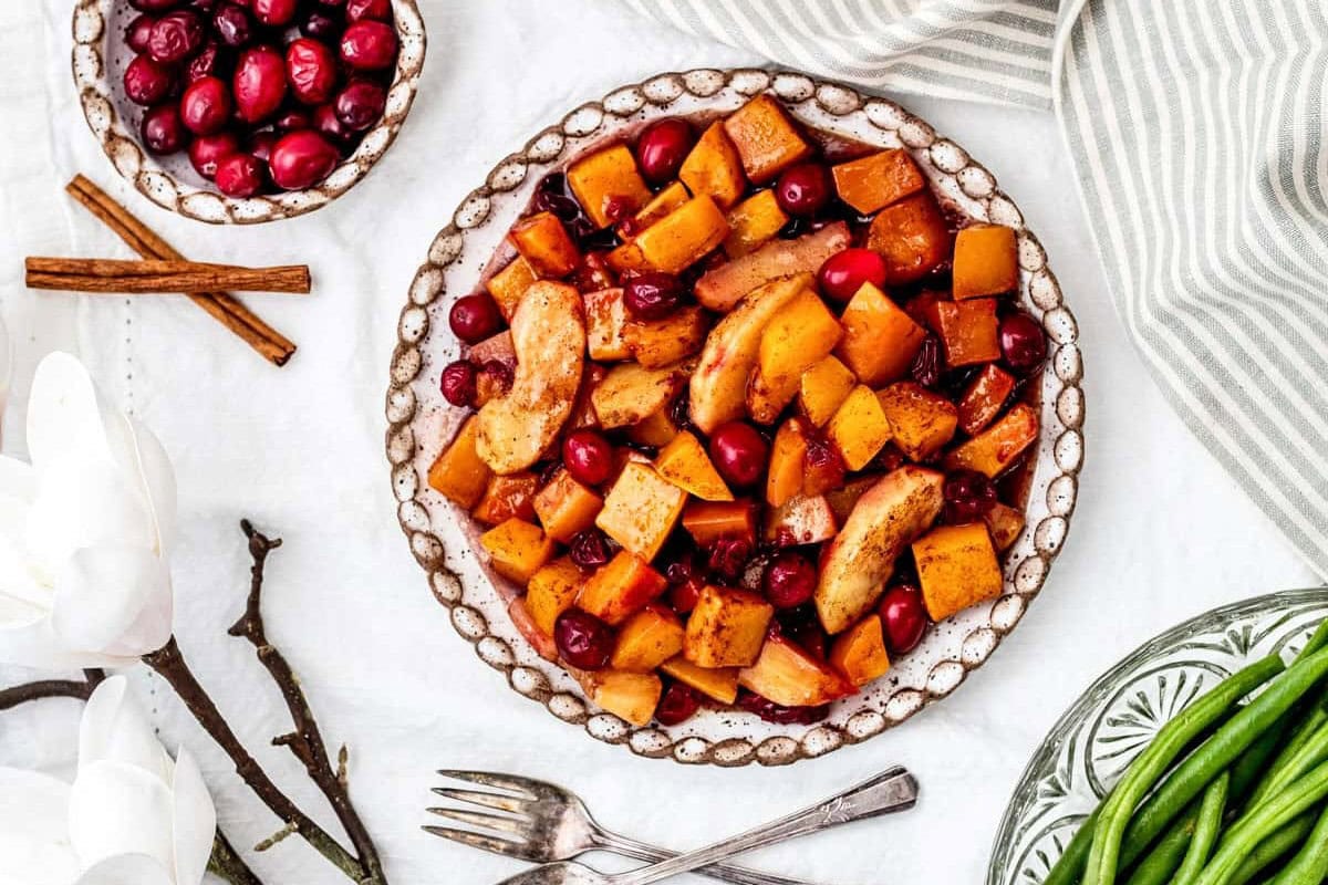 HEALTHY BUTTERNUT SQUASH APPLE CRANBERRY CASSEROLE BY HAUTE AND HEALTHY LIVING